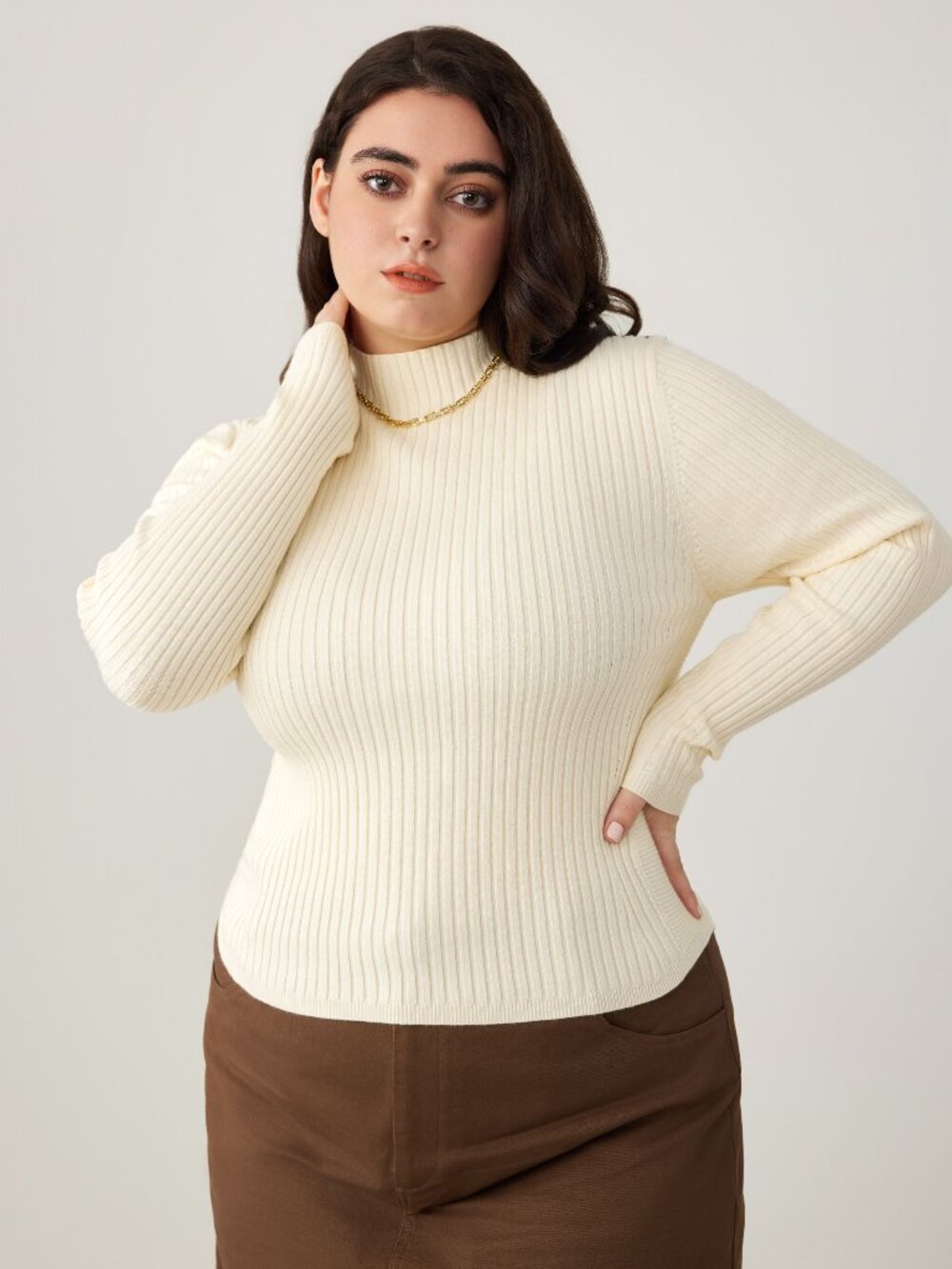 Cider Rib Knit High Neck Solid Long Sleeve Top Curve & Plus